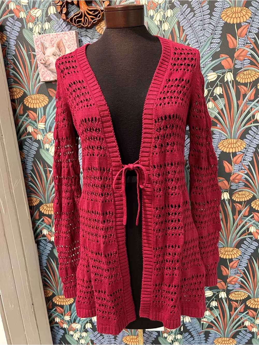 Matilda Jane A Stitch in Time Open Knit Cardigan Duster Sweater in Maroon